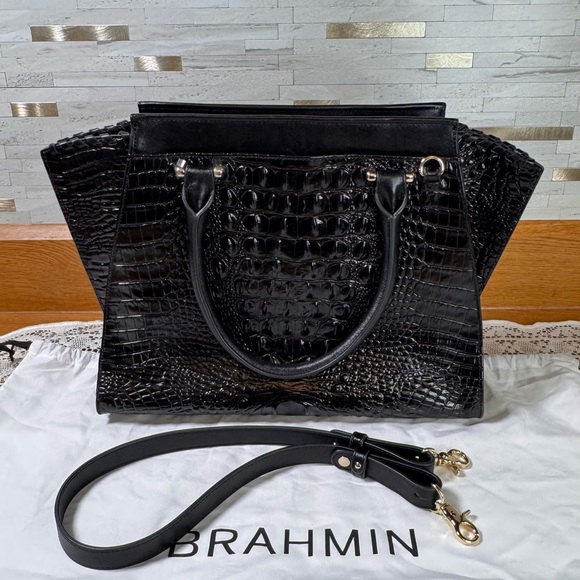 Brahmin Black Croc-Embossed Melbourne Priscilla Satchel - Picture 4 of 12